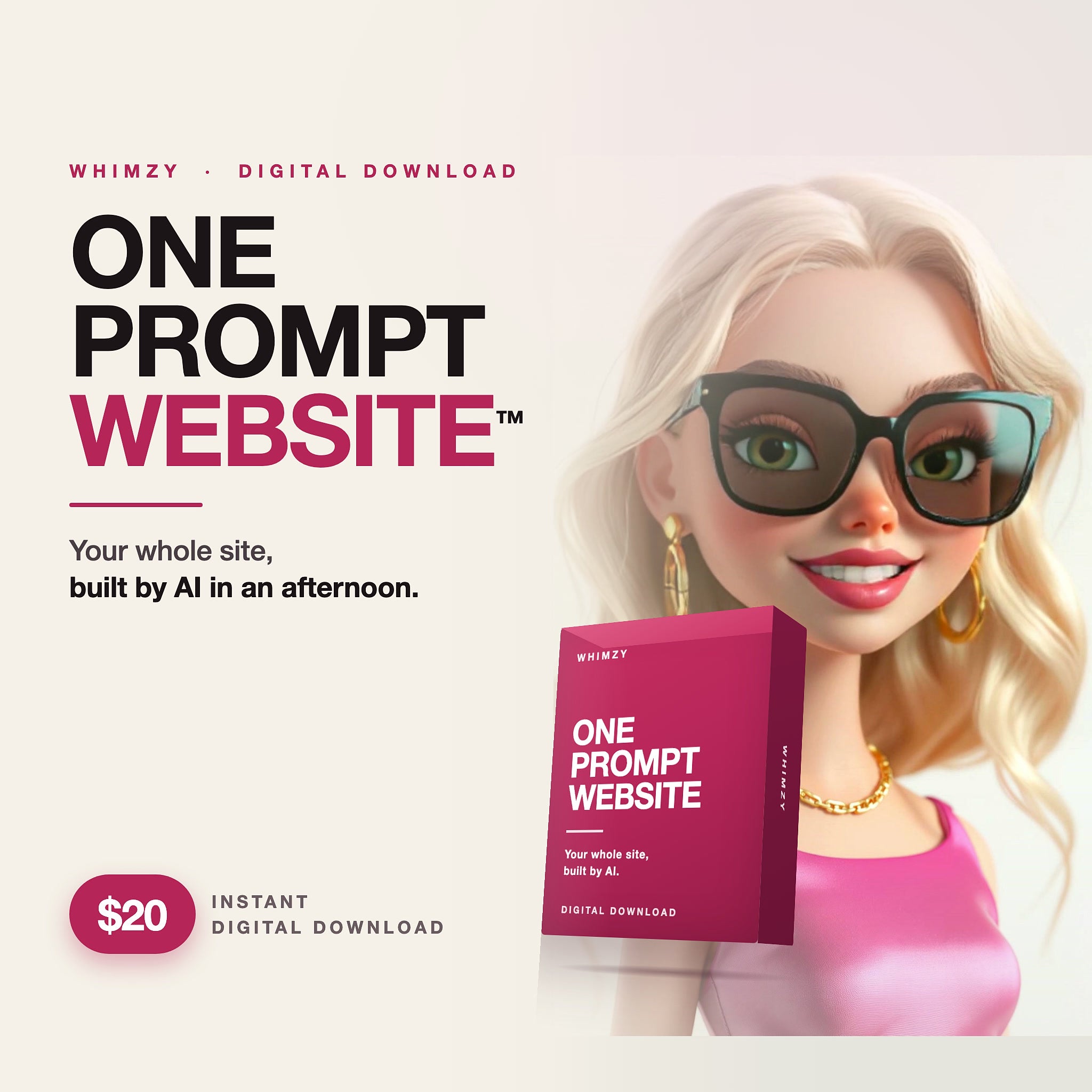 Elle, the Whimzy AI host, presenting the One Prompt Website digital download box — cream editorial backdrop, raspberry pink packaging, $20 instant download.