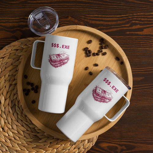 $$$.exe travel mugs styled on a wooden tray with coffee beans, money-heart print shown on both sizes