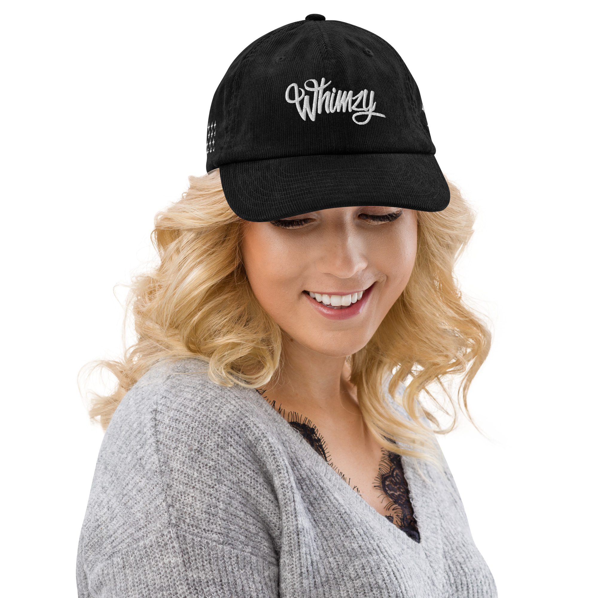 Whimzy Vibez corduroy hat — premium embroidered cap with Whimzy logo