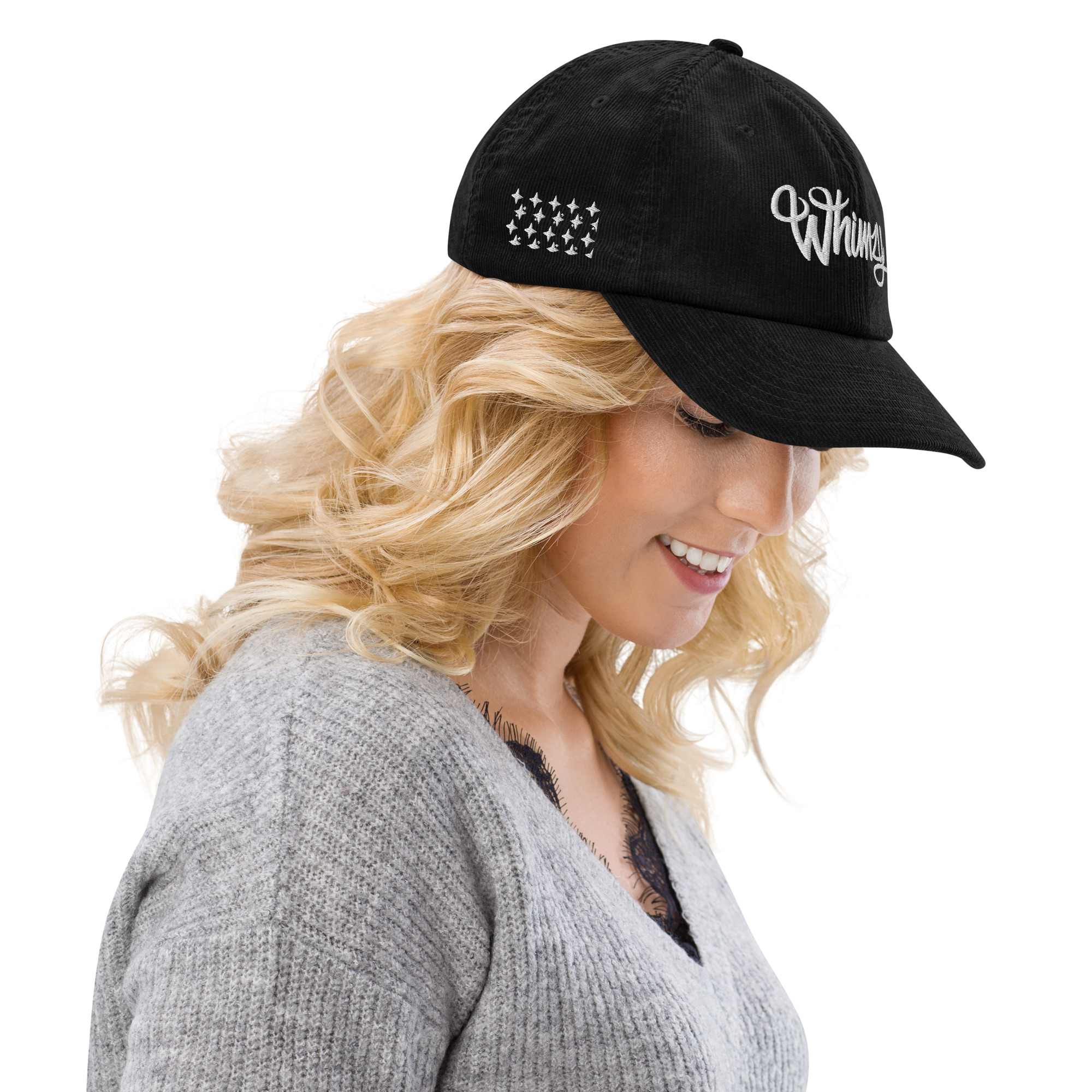 Whimzy Vibez corduroy hat — premium embroidered cap with Whimzy logo
