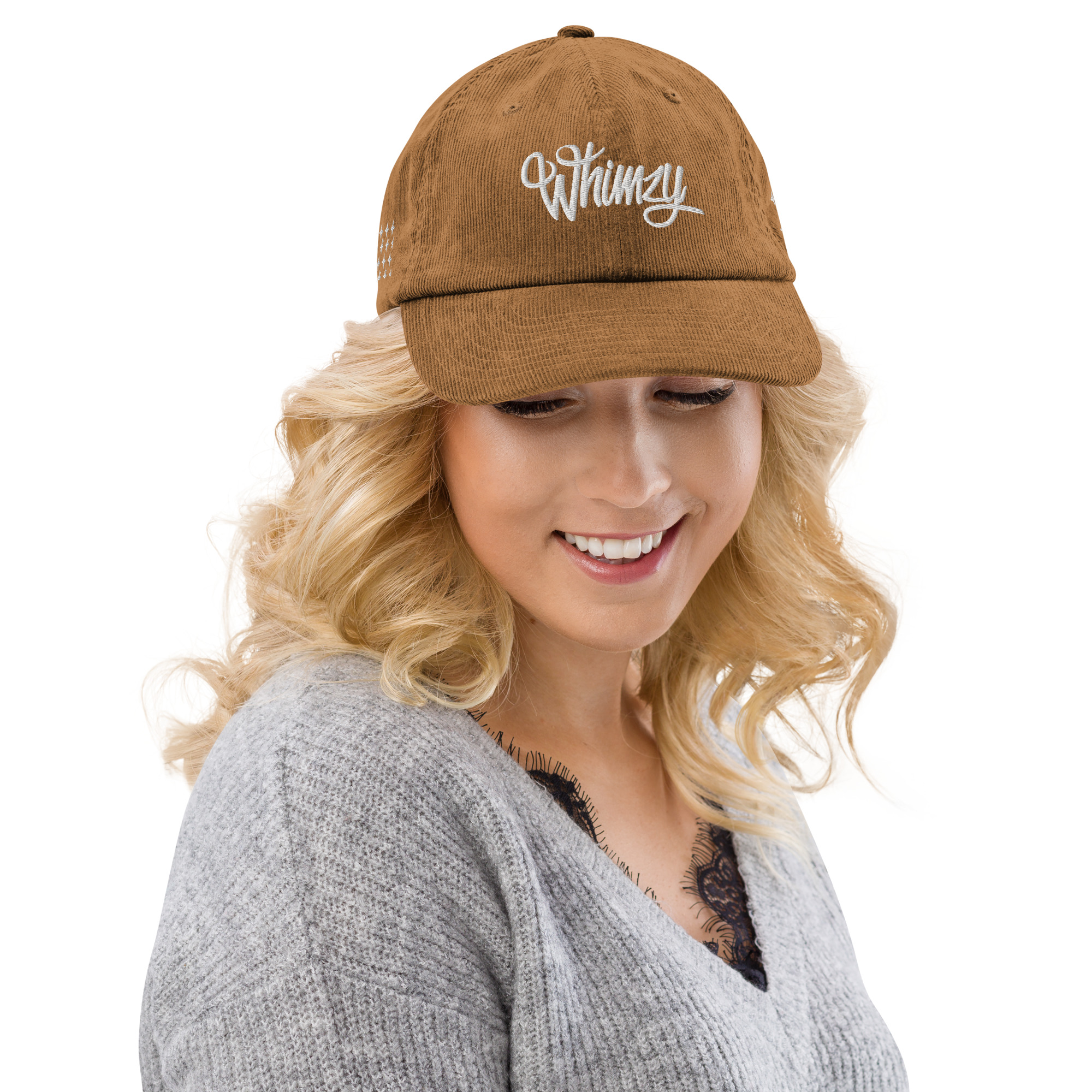 Whimzy Vibez corduroy hat — premium embroidered cap with Whimzy logo